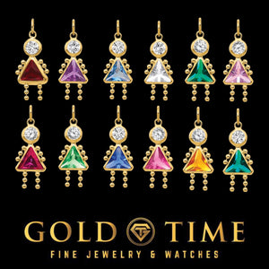 Gold girl charms with clear stone heads and colored synthetic birthstone dresses