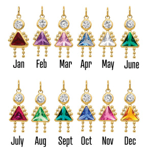Birthstone color chart for the gold girl charm, January through December