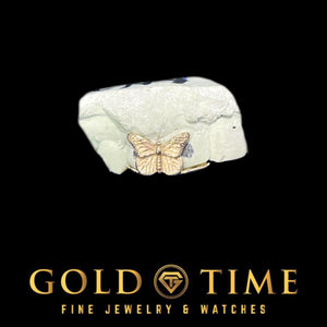 Two tone butterfly gap piece fitted between the two front teeth of a white dental model