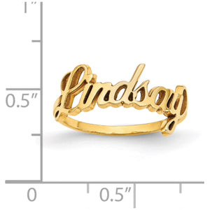 Yellow gold Lindsay name ring against a half inch scale, name about 6mm tall