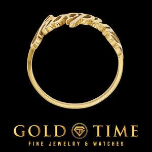 Front profile of the yellow gold name ring showing the round band and raised name