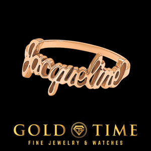 Rose gold script name ring reading Jacqueline, a longer name example