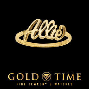 Dainty yellow gold script name ring reading Allie on a thin polished band