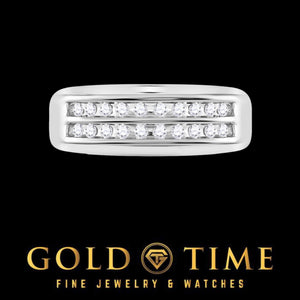 Top view of the two diamond rows on the white gold band