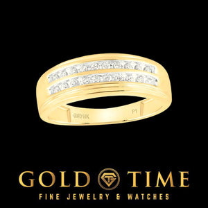 Yellow gold men's band with two straight channel-set rows of diamonds
