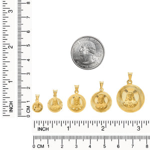 All five Sacred Heart Jesus medal sizes beside a quarter and ruler