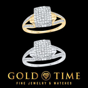 Two 10K gold rectangle diamond cluster rings with split shanks, one yellow and one white, on black