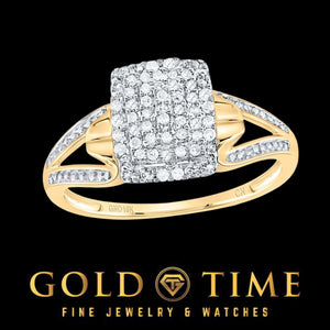 Yellow gold rectangle diamond cluster ring with a white gold pave head and split shank