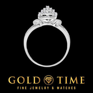 White gold diamond cluster ring standing upright