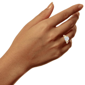 Hand wearing the 10K gold rectangle diamond cluster ring