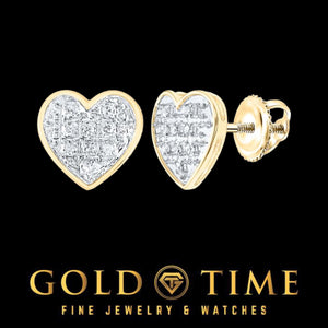 Yellow gold diamond heart stud earrings with a grid of pave diamonds