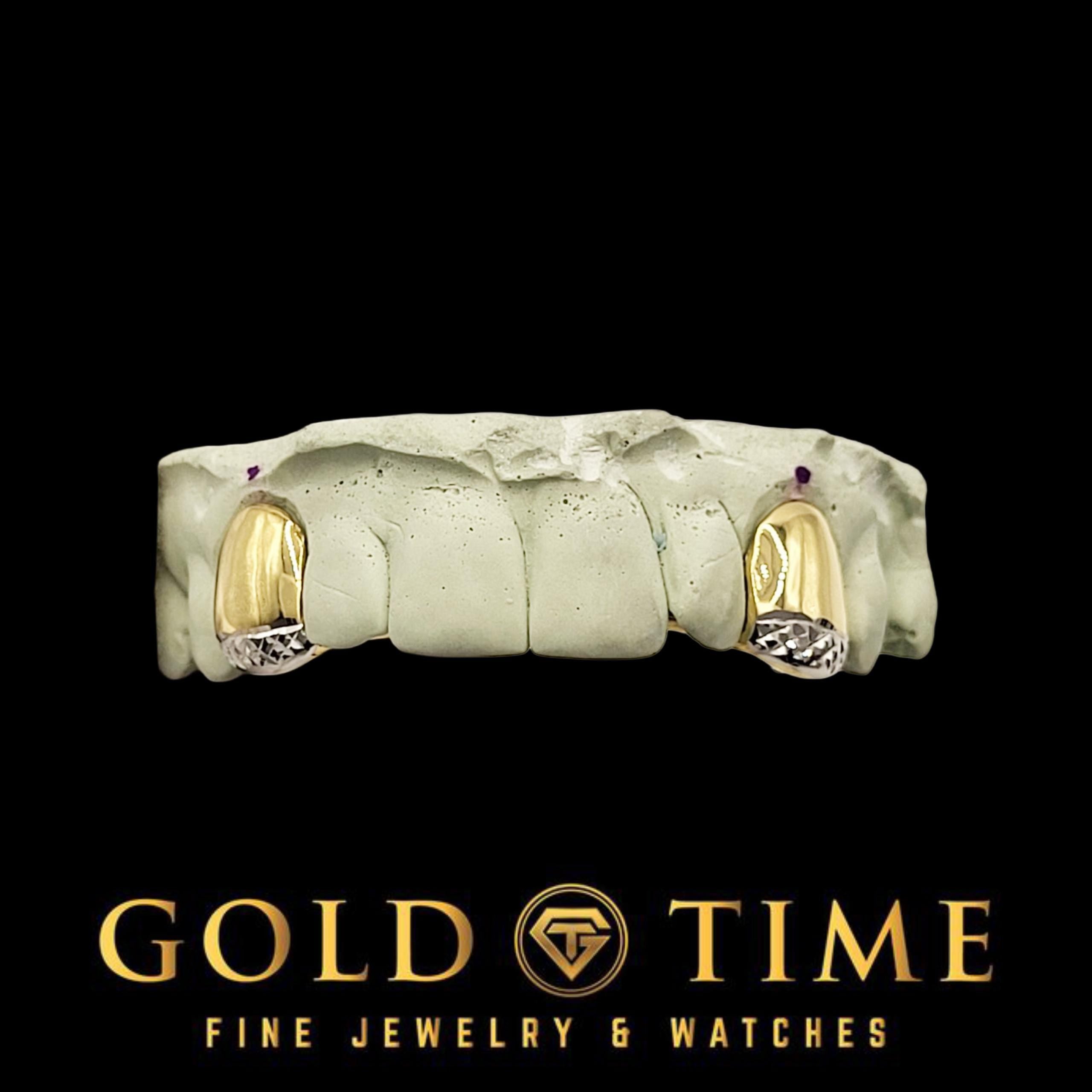 Custom 2-Piece Solid with Trillion Tip Canines  Two Tone Silver or Gold