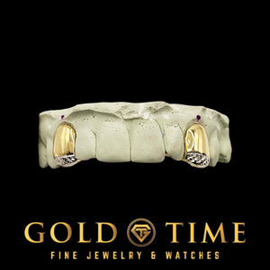 Front view of custom 2 piece two-tone canine grillz