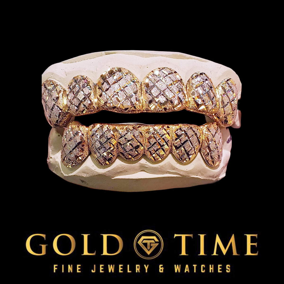 Two-Tone Trillion Cut Diamond Dust Grillz: Custom 12-Piece Gold & Silver Teeth Caps