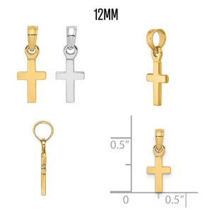 12mm Latin cross pendant in yellow and white gold with side view and ruler