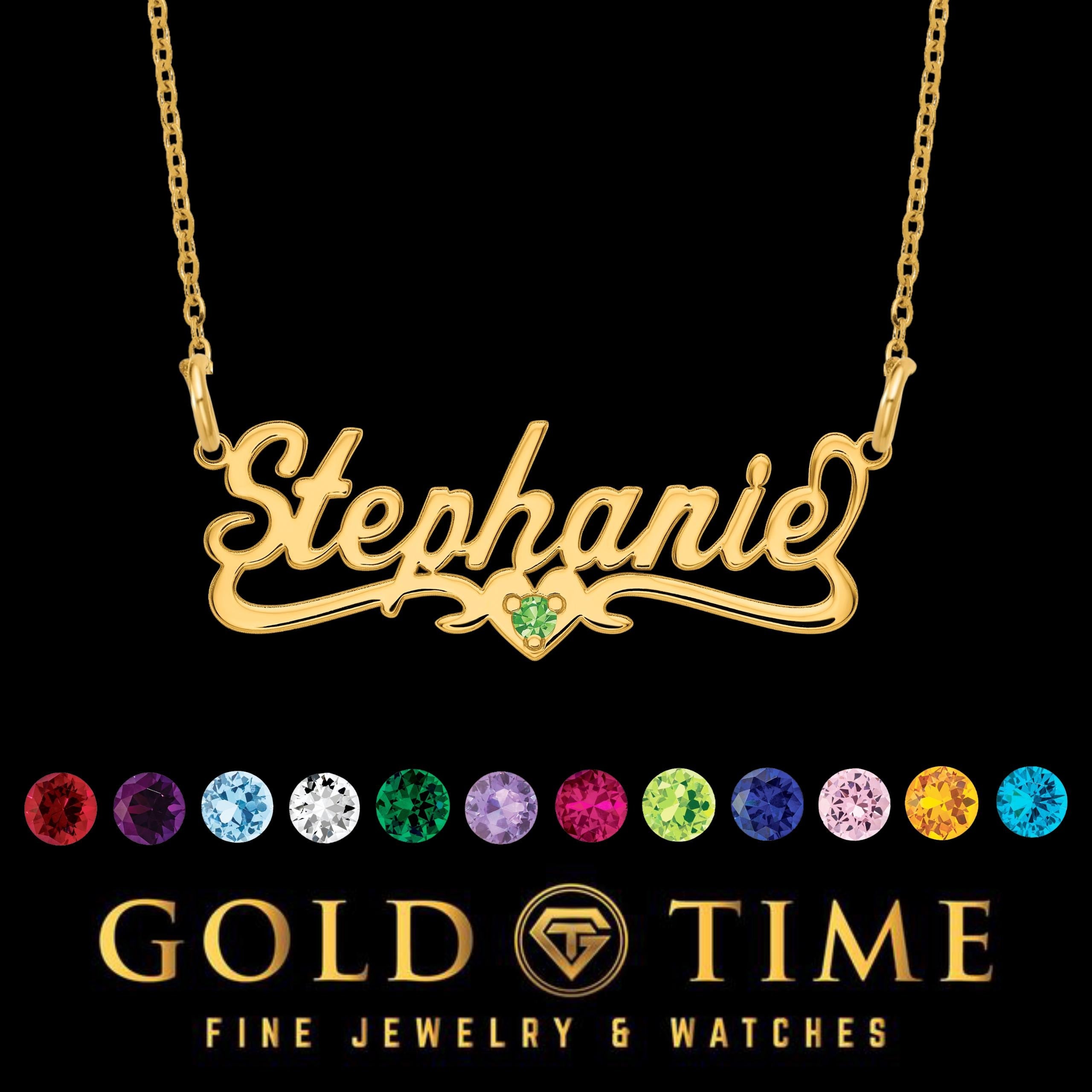 Custom Cursive Name Necklace: Heart & Birthstone, 14K Gold or Sterling Silver