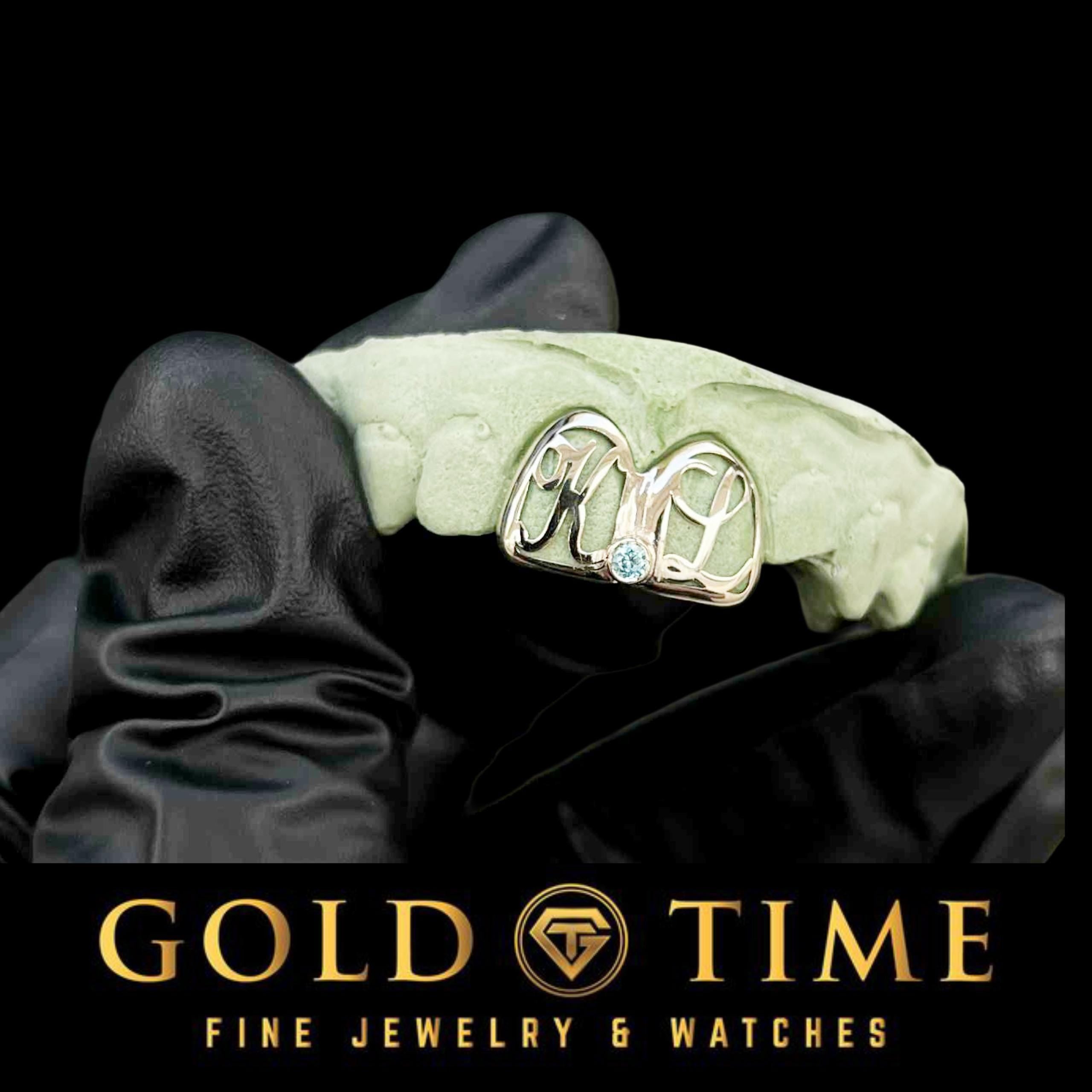 Custom Personalized Initial Open Face Double Cap Grillz with Bezel Stone