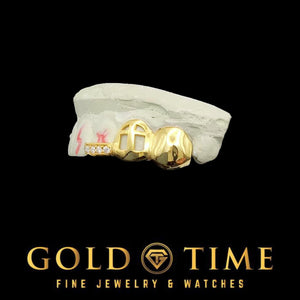 Custom yellow gold 3 piece grillz with moissanite tip, cross cut-out open face cap, and solid cap