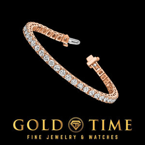 Rose gold diamond tennis bracelet with the clasp open on black