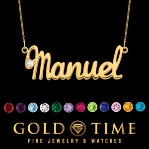 Yellow gold script name necklace reading Manuel with a birthstone accent, shown above the birthstone color options