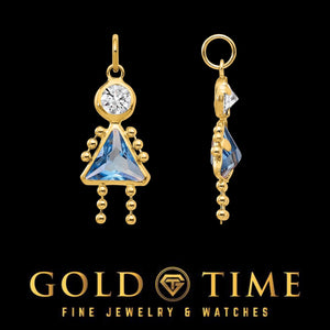 Gold girl charm with a blue synthetic birthstone dress, front and side
