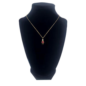 Gold girl birthstone charm necklace on a black display bust