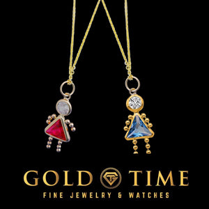 Two gold girl birthstone charms on rope chains, red and blue
