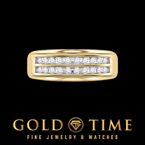 Top view of the two diamond rows on the yellow gold band