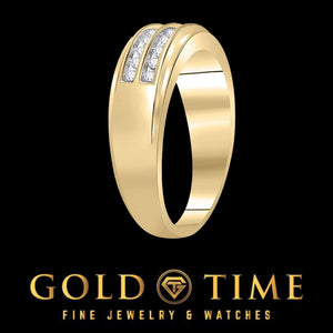 Side angle of the yellow gold two row diamond band showing the polished edge