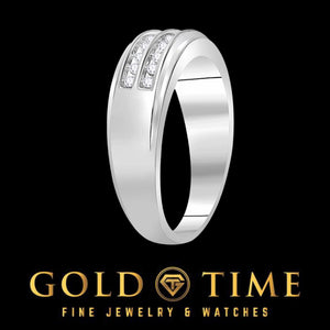 Side angle of the white gold two row diamond band showing the polished edge