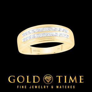 Yellow gold two row diamond band from the front