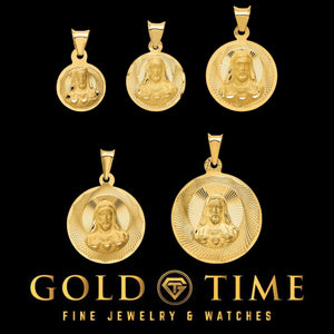 Five 14K yellow gold Sacred Heart Jesus medals in sizes from 13mm to 27mm, on black