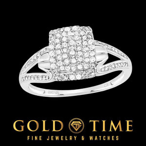 White gold rectangle diamond cluster ring with a split shank on black