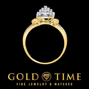 Yellow gold diamond cluster ring standing upright, showing the cluster and band