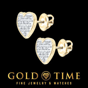 Yellow gold diamond heart studs showing the front and the screw back
