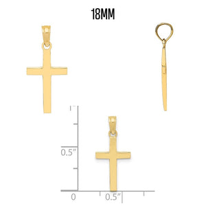 18mm yellow gold Latin cross pendant with side view and ruler