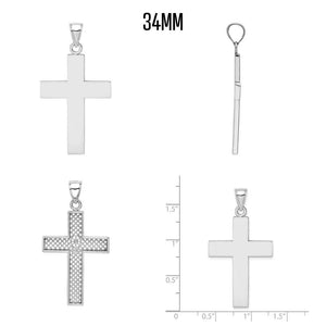 Largest white gold Latin cross pendant with front, back, and side views and a ruler