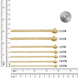 Size chart of tennis bracelets from 1.25 to 6.3 cttw beside a coin and ruler