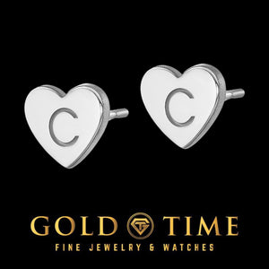 Pair of white heart stud earrings engraved with the letter C