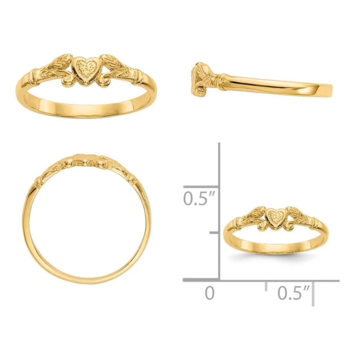 Four views of the yellow gold heart and leaf ring, including one beside a half inch ruler