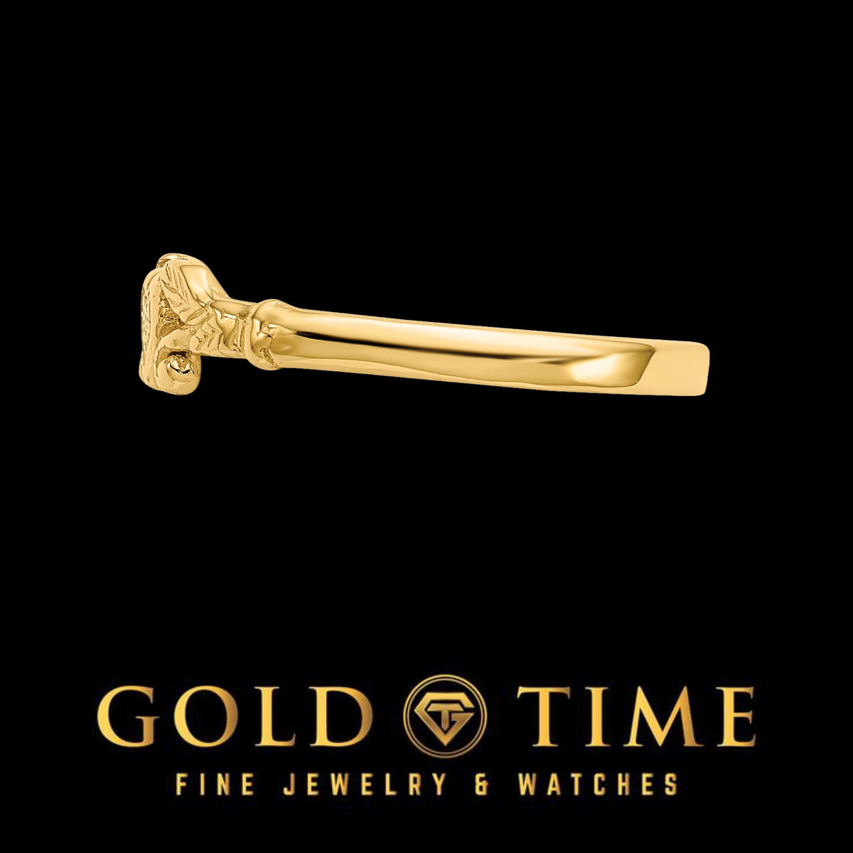 Side profile of the yellow gold heart and leaf ring showing the slim band
