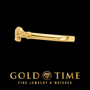 Side profile of the yellow gold heart and leaf ring showing the slim band