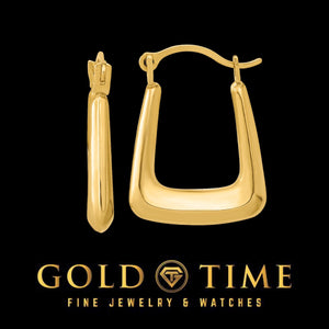 Small puffed square hoop earring in yellow gold, front and side views, on a black Gold Time background