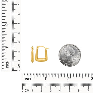 Small yellow gold square hoop beside a quarter with inch and centimeter rulers