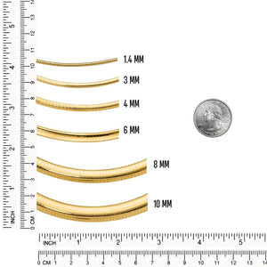 Omega necklace width chart from 1.4mm to 10mm next to a ruler and a quarter