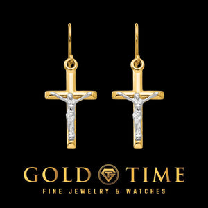 Pair of two-tone gold crucifix earrings on French wires