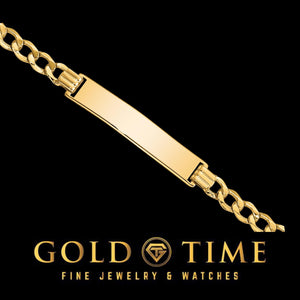 Close up of a yellow solid gold curb Cuban link ID bracelet plate