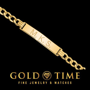 Yellow solid gold curb Cuban link ID bracelet with a plate engraved with initials