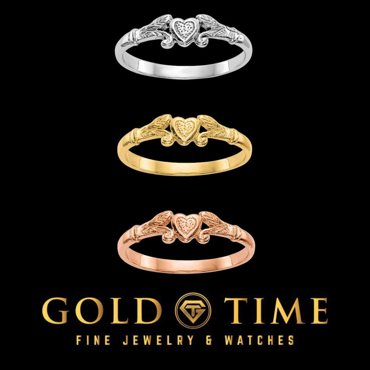 Three heart and leaf rings in white, yellow, and rose gold stacked above the Gold Time logo