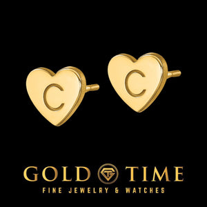 Pair of yellow gold heart stud earrings engraved with the letter C